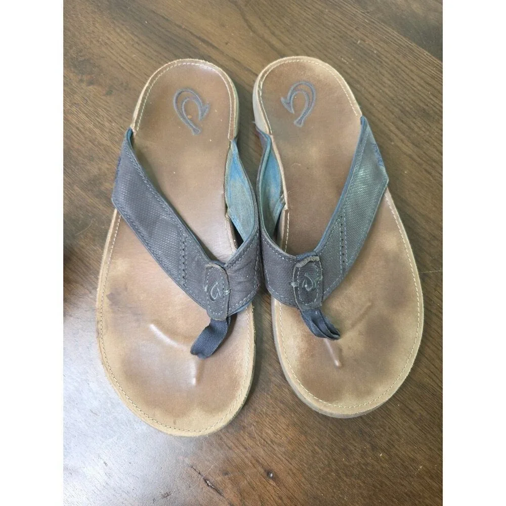 OluKai Men's Nui Brown Full Leather Flip Flop Sandals Size‎ 13 Beach Outdoors